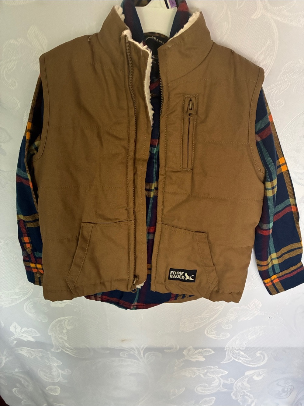Boys Eddie Bauer Brown Quilted Kids Vest with Sherpa Lining